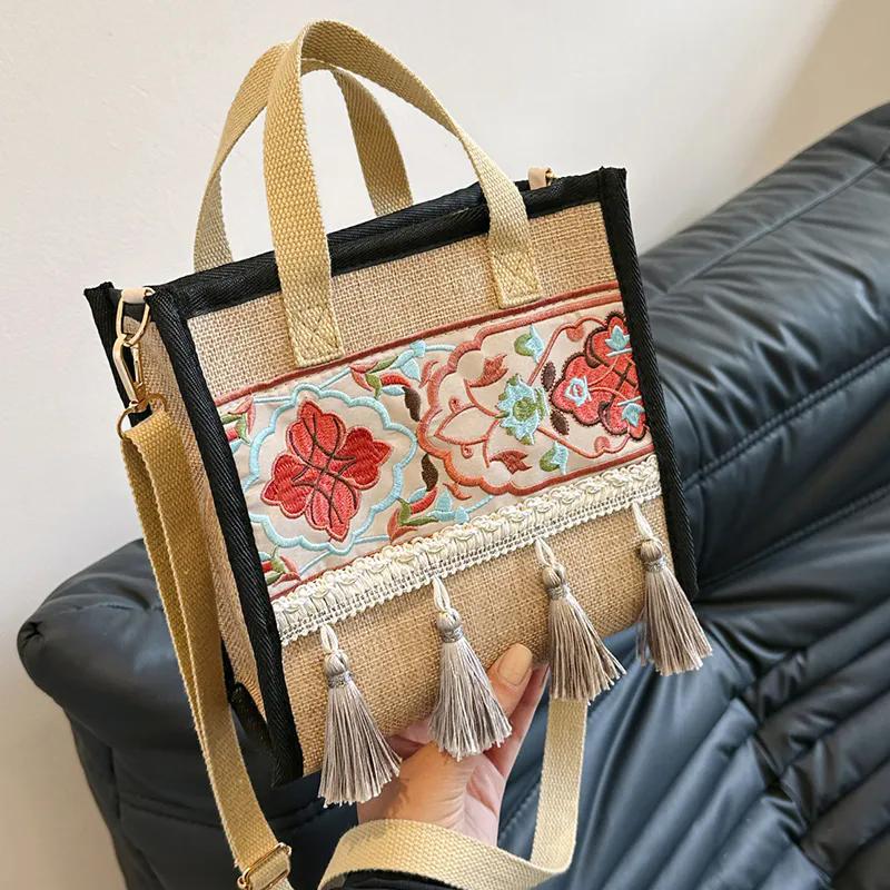 WTEMPO Ethnic Style Casual Versatile Hemp Strap Bags Women's Zipper Crossbody Bags Tassel Singer Shoulder Bags