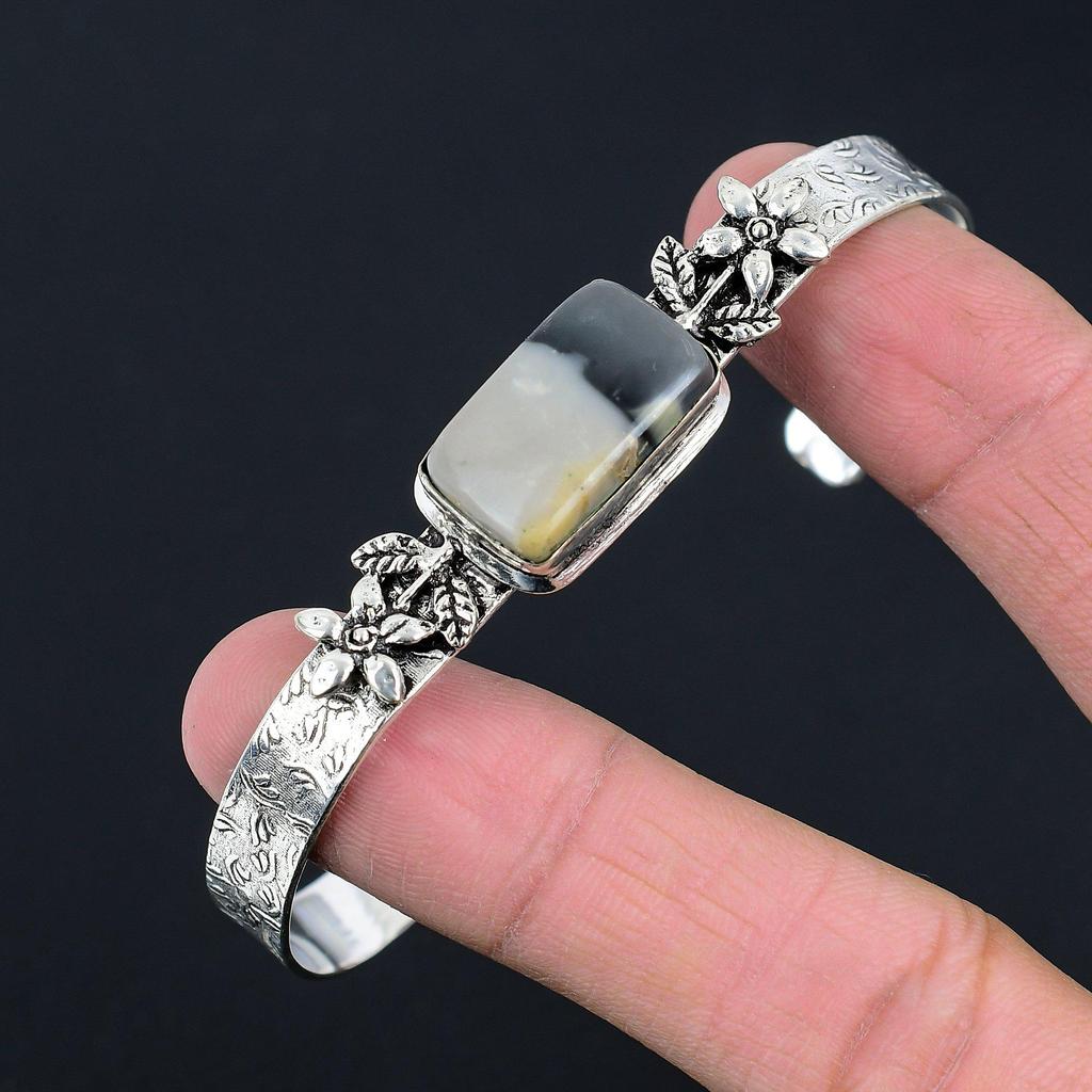 Sisters Day Sale Sterling Silver Fume Agate Gemstone Flower Handcrafted Bangle