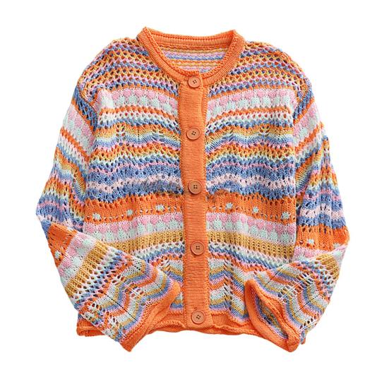 Women Knitting Cardigan Round Neck Flared Long Sleeve Single Breasted Sweater Coat Autumn Winter Rainbow