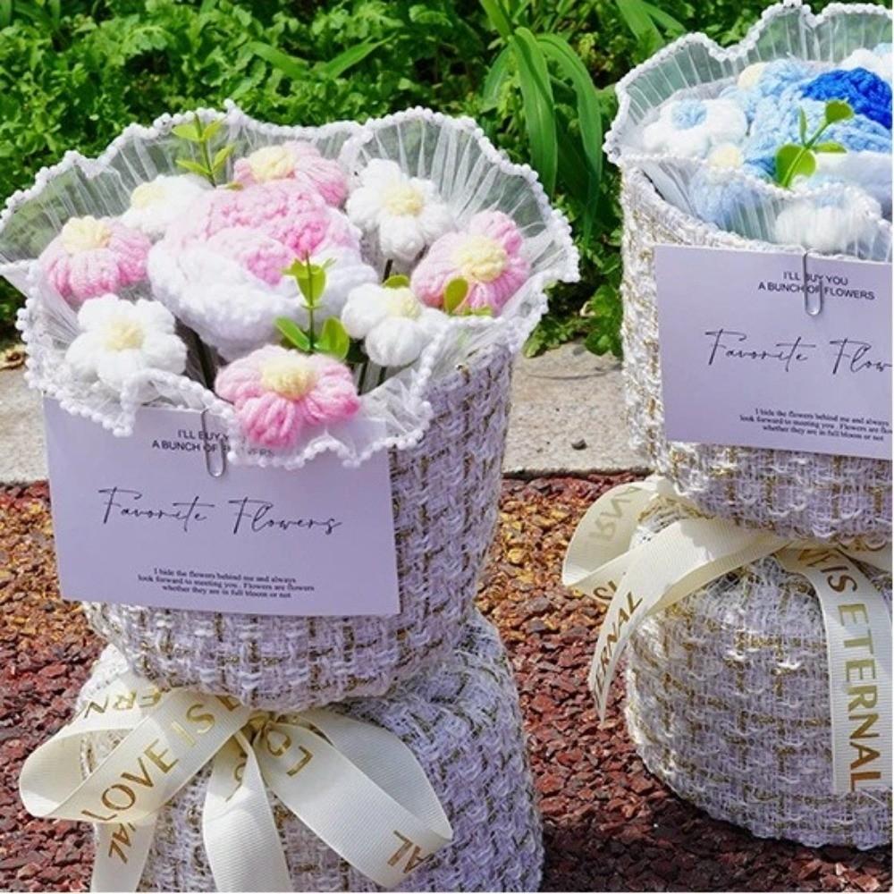 With Light Puff Flower Bouquet Gift Knitted Flower Bouquet Sunflower Bouquet  Valentine's Day