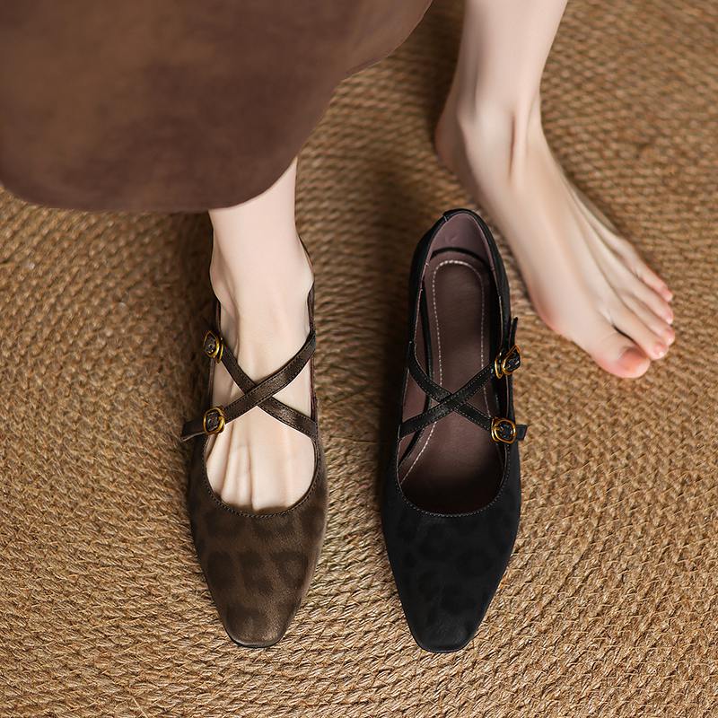 Krazing Pot Cow Skin Spring Summer Size 43 Size 42 Size 41 Thick Med Heels Women Square Toe Leisure Leopard Pumps