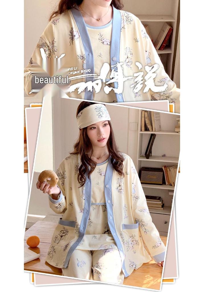 Spring & Autumn Maternity Pajama Set: Breathable Three-Piece for Delivery & Breastfeeding with Absorbent Breast Pads