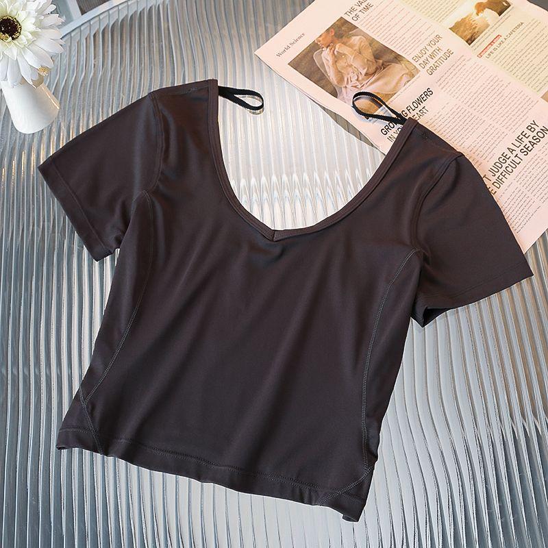 

Domestic In Stock Same Style V Neck Sports T-shirt Women s Summer Quick-Drying Fitness Yoga Wear Comfortable Crop Top Short Top Dark gray L (recommended weight 52.50 kg-65.00 kg