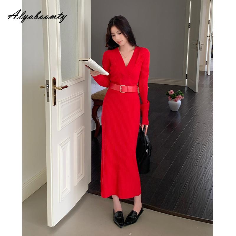 Korean Style Autumn Winter Women Warm Sweater Dress V Neck Beige Black Red Knitting Dress Knitted Office Lady Dress With Belt