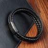 Men's Black Leather Bracelet Stainless Steel Double Layer Braided Wristband Fashion Handmade Cowhide Rope Jewelry Accessories