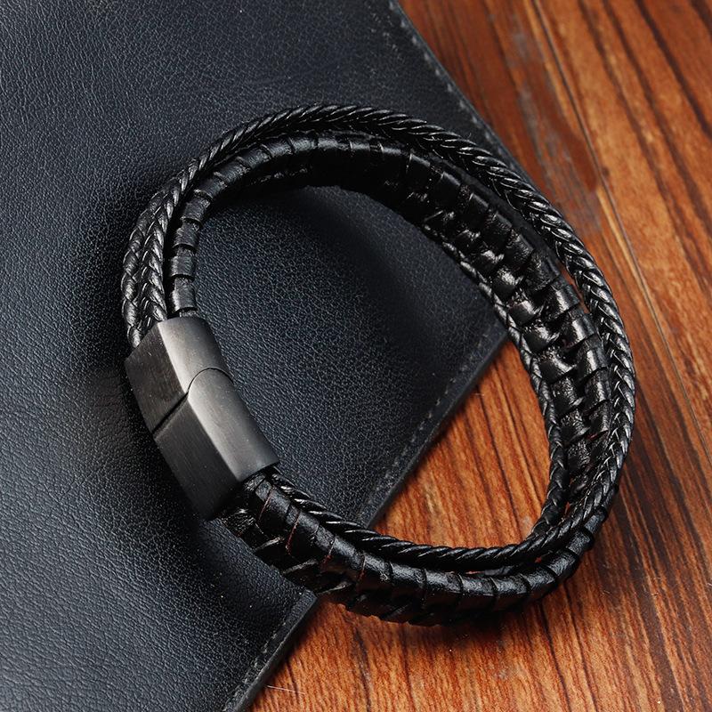Men's Black Leather Bracelet Stainless Steel Double Layer Braided Wristband Fashion Handmade Cowhide Rope Jewelry Accessories