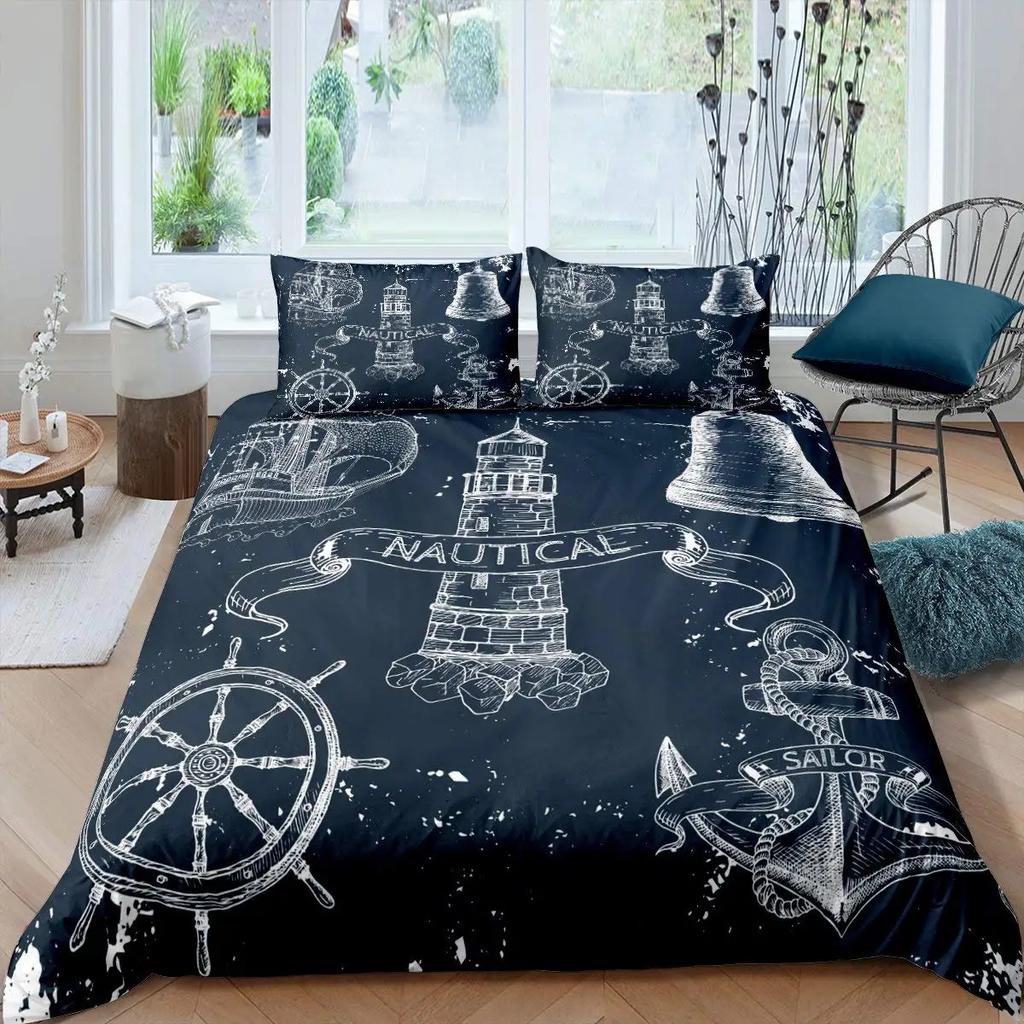 Anchor Nautical King Queen Duvet Cover Vintage Plank Blue Bedding Set Camping Adventure Quilt Cover Polyester Comforter Cover