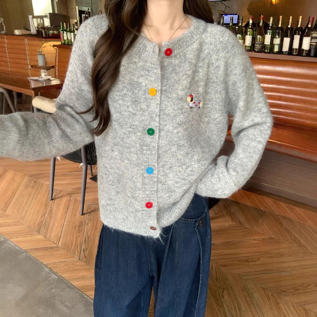 Sweet Round Neck Color Button Dog Pattern Long Sleeve Sweater Cardigan Women Spring Autumn Winter Korean Versatile Top