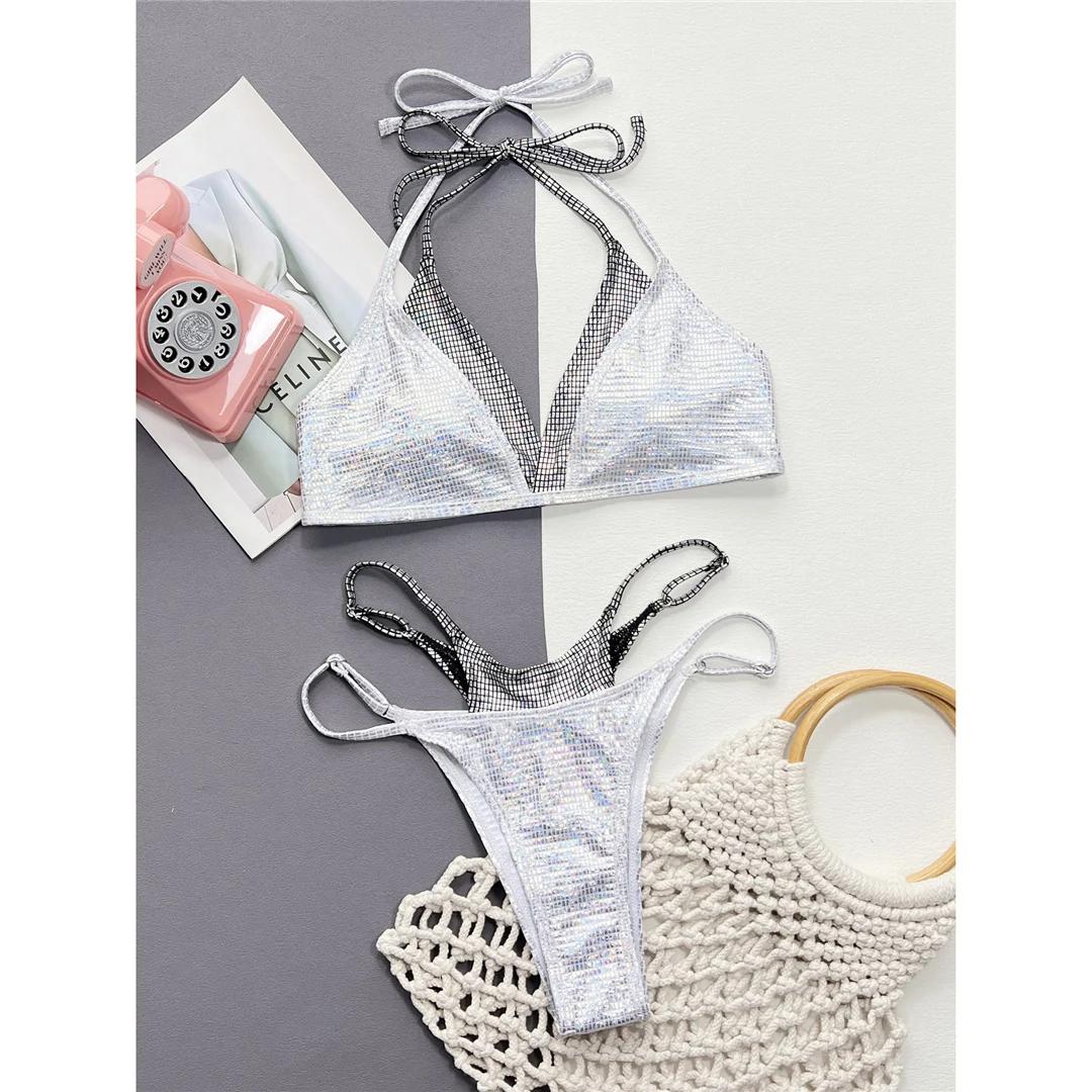 

Блестящий бикини с пайетками и высокой талией, женский купальник, женский купальник, комплект из двух частей, купальный костюм, купальный костюм L серебряный