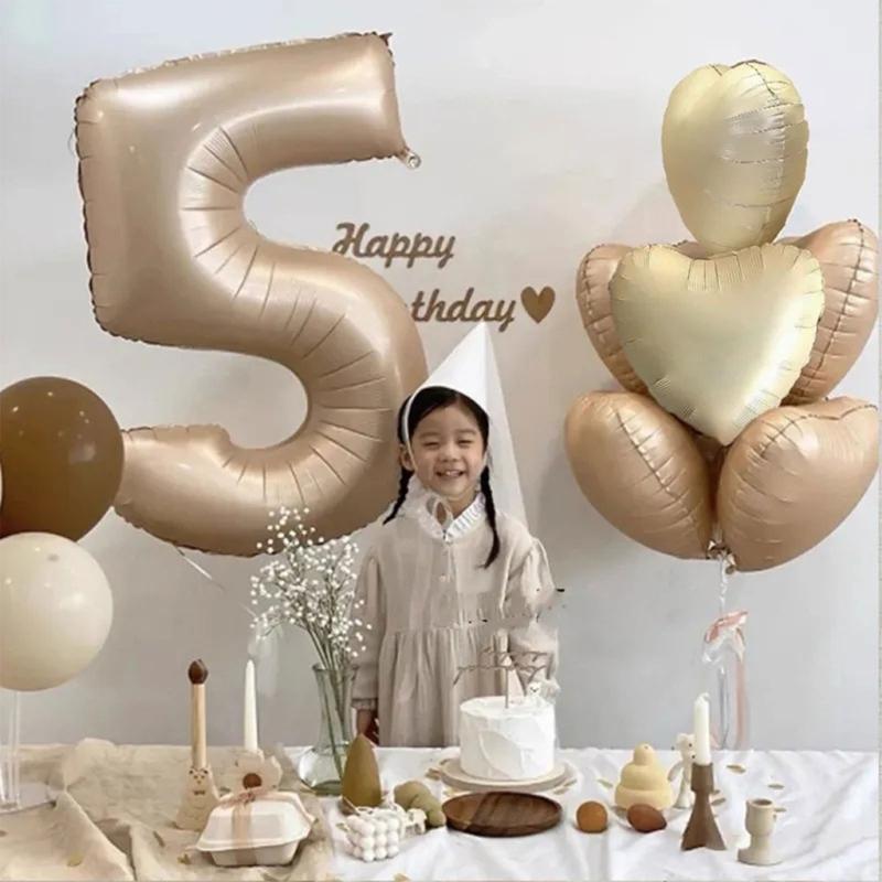 6Pcs Cream Color Number Balloon Set Beige Caramel Number 0-9 Balloon Foil Helium Ball Birthday Wedding Party Decoration