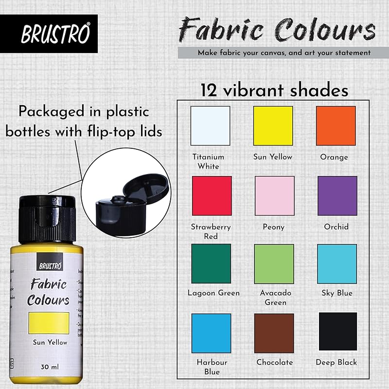

Brustro Artists Fabric Colours - Set Of 12, 30Ml Bottles | High Pigmented Color, Fade Resistent, Intermixable, Permanent 2.5 ml (Pack of 12)