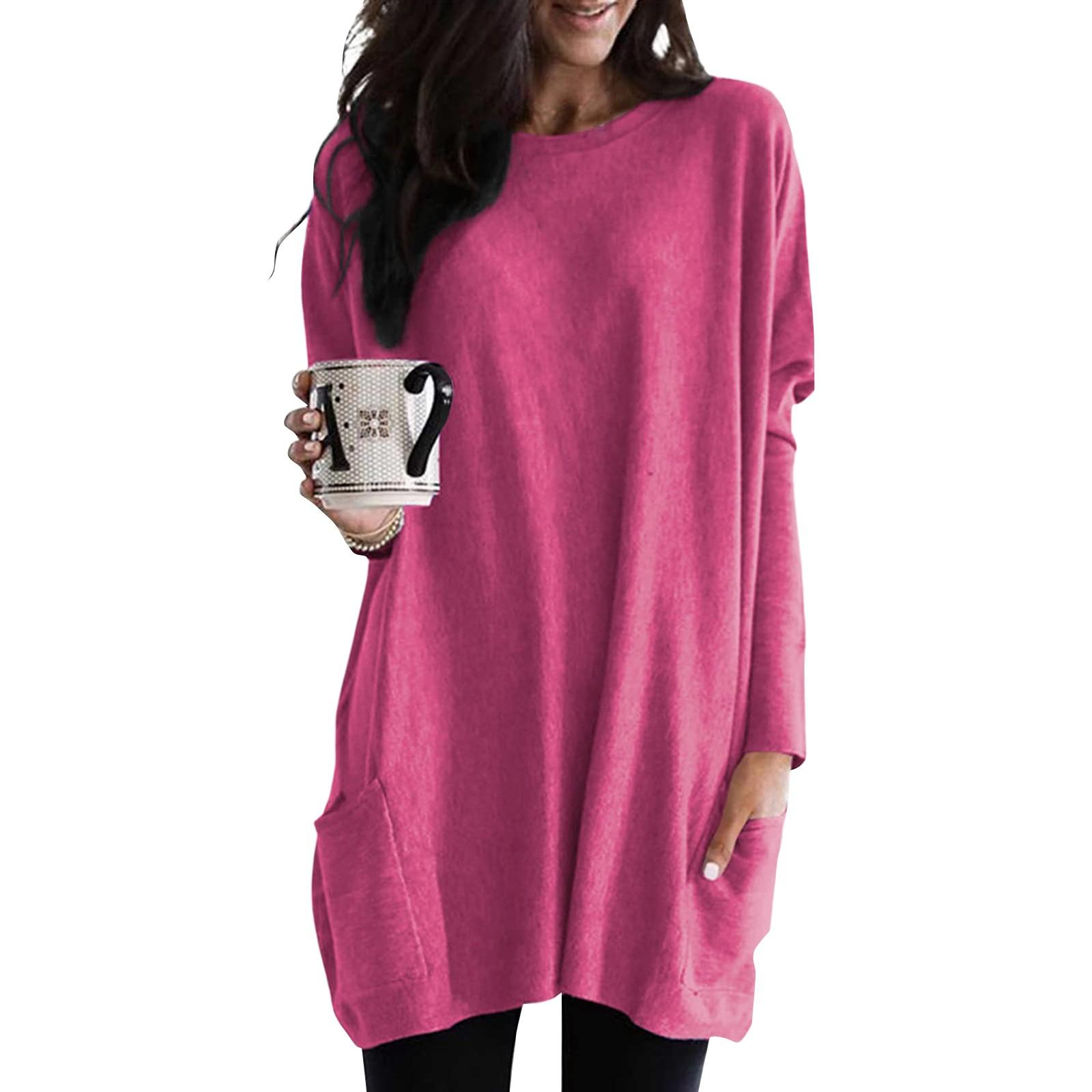 

Женская мода, повседневный топ с круглым вырезом, небольшим карманом, средней длины, однотонный, с длинными рукавами XXXL