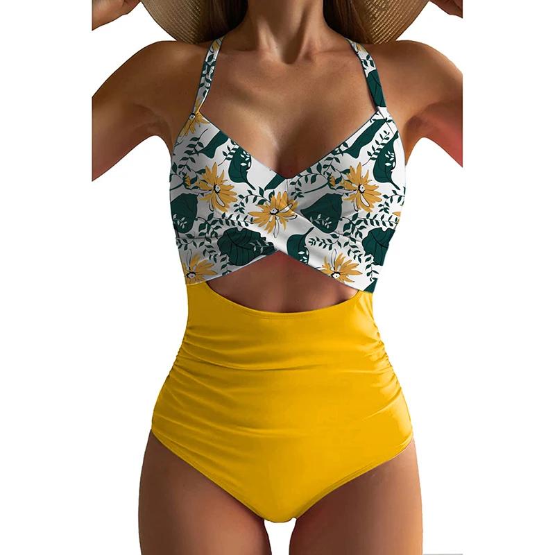 One Piece Women Set Swimsuit Print  Backless Puch Up Solid Sexy Women's Swimwear Bandage Ruched Female Bathing Suit Beachwear