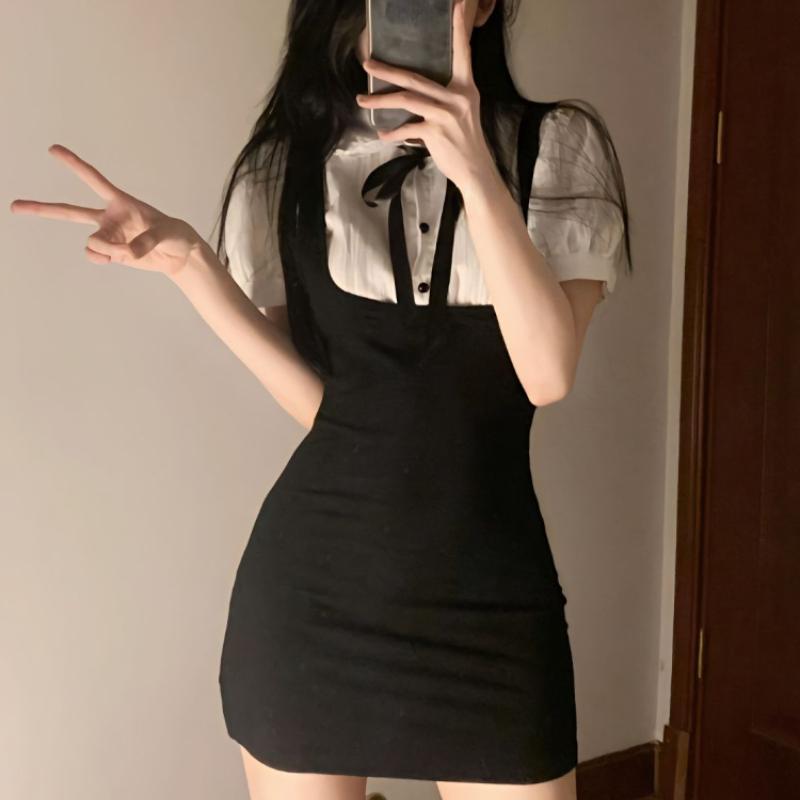 Sahte 2 Adet Elbiseler Kadın Puf Kollu Tiki Tarzı Hotsweet Kılıf Mini Kore Versiyonu Şık Mizaç Yaş Azaltıcı Vintage Ins