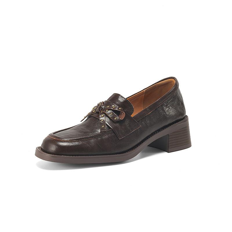 Fashion New Spring Sheep Leather Woman Shoes Square Toe Women Pumps Shoes for Women Chunky Heel Loafers Fashion Rivet Bow Casual Shoes