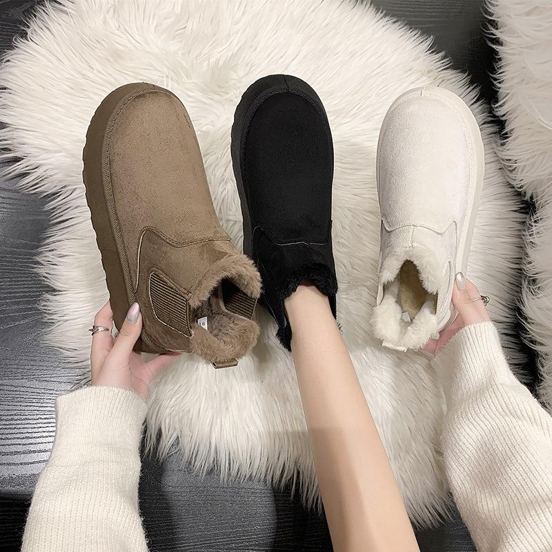 Snow boots women's winter warm student large size cotton shoes women's shoes new solid color elastic mouth flat bottom short cotton boots