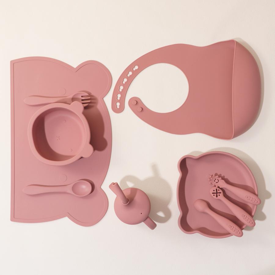 8PCS Silicone Baby Feeding Set Adjustable Bib Cartoon Bear Feeidng Dishes Plate Sucker Bowl Cup Cutlery Children's Tableware