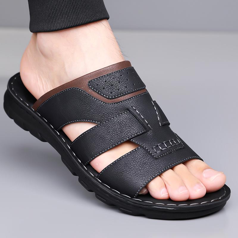 Men Black Leather Slippers Flats Summer Brown Wide Head Sandals Outdoor White Beach Shoes for Father Over Sized 46 47 48