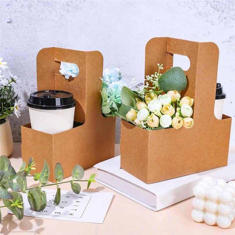 Good-Kraft Flower Gift Bags 25Pcs Drink Carrier With Handle To 2 Cup Rectangle Floral Wrap Packing Box Kraft Flower Holder