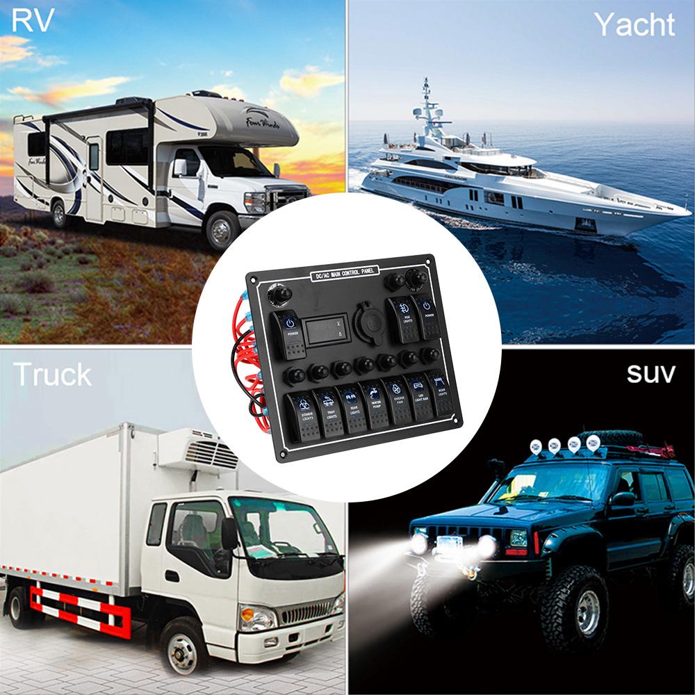 15A DC Output Car Auto Marine Waterproof Overload Protection Dual Power Control 10 Gang LED AC/DC Rocker Switch Panel