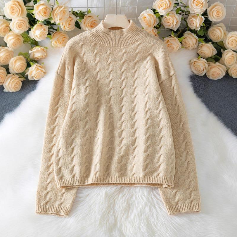 Herbst- und Winterrollkragen Damenpullover Lässig Locker Zopfmuster Warm Langärmeliger Pullover Top