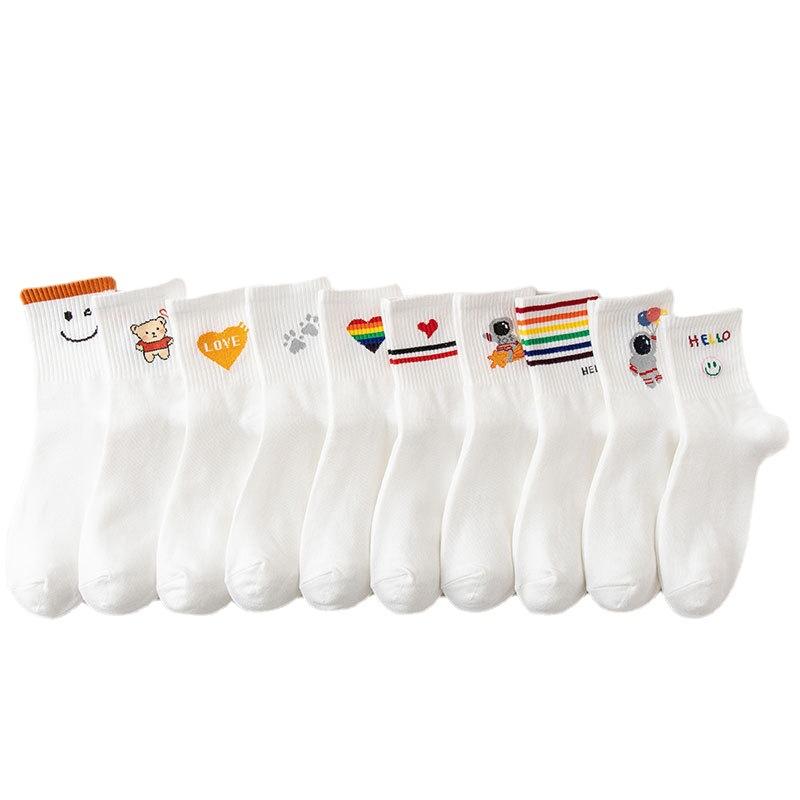 Autumn and Winter Women's Socks Mid-calf White Cartoon Student Bear Rainbow Letter Heart Smiling Face Striped Sports