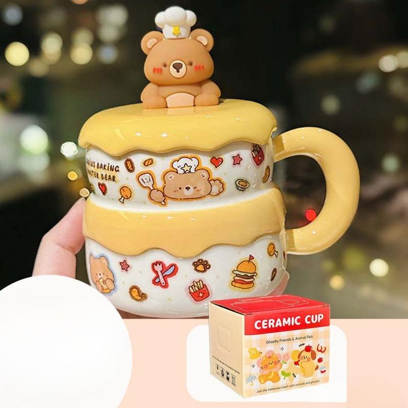 Cartoon Bear Puppy Ceramic Mug with Lid Cute Household Drinking Cup Breakfast Milk Oatmeal Cup Souvenir 400ml