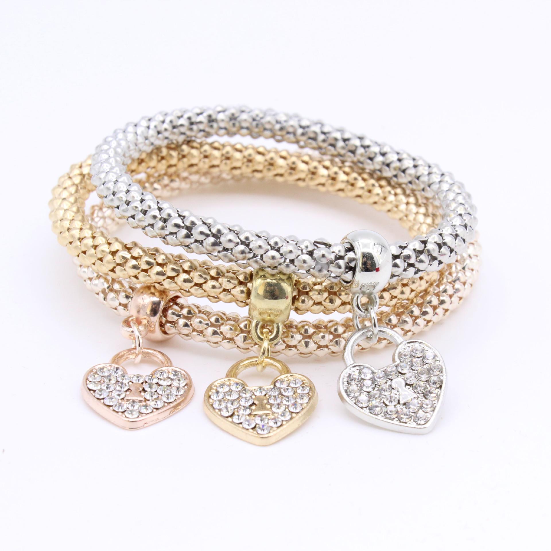 European and American Rhinestone Crystal Heart Elastic Bracelet in Three Colors
