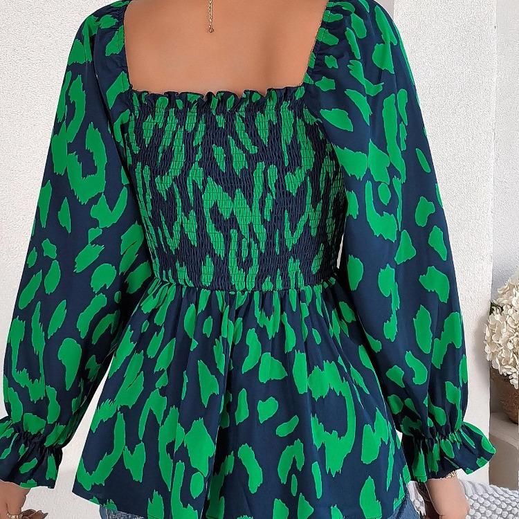 Women Long Sleeve Leopard Print Chiffon Blouse Streetwear Top Square Neck Tee Ladies T Shirt