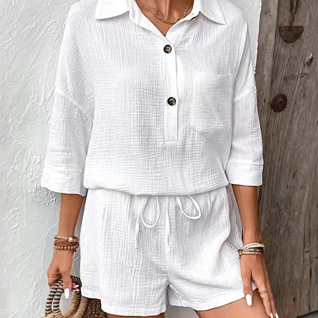 Women's  Color Casual Shirt Collar Casual Two-piece Set