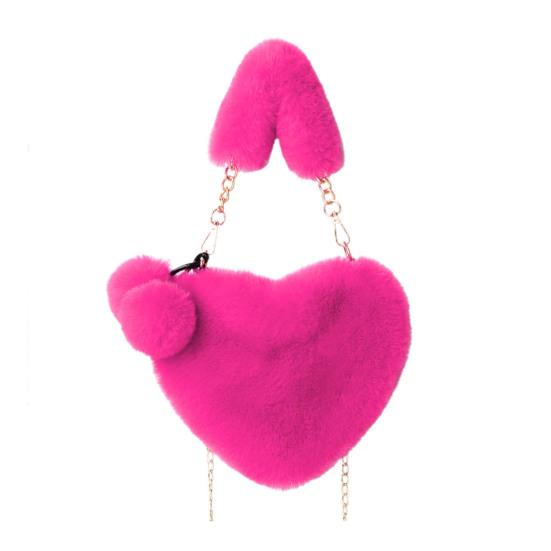 Lady Crossbody Bag Solid Color Fuzzy Faux Fur Decor Heart Shape Hollow