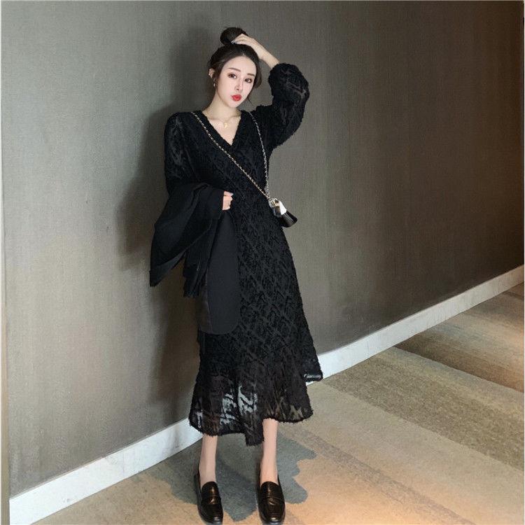 

Милое платье-рыбий хвост ранней весны, нежная легкая юбка в стиле зрелой французской феи с V-образным вырезом XL чёрный