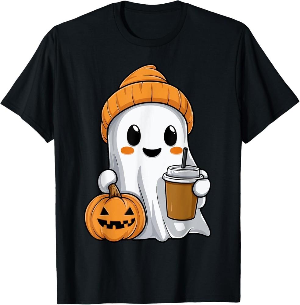 

Halloween Ghost with Funny Iced Coffee Pumpkin Orange Beanie Gift Unisex T-Shirt S