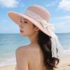 Damen Sommer Strohhut mit breiter Krempe, Spitzen-Schleife und fließenden Bändern: Sonnenhut für Ausflüge und den Strand
