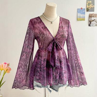 Camisa Ajustada, Cuello en V, Mangas Acampanadas, Cintura Ceñida, Top Sexy, Camisa Estampada