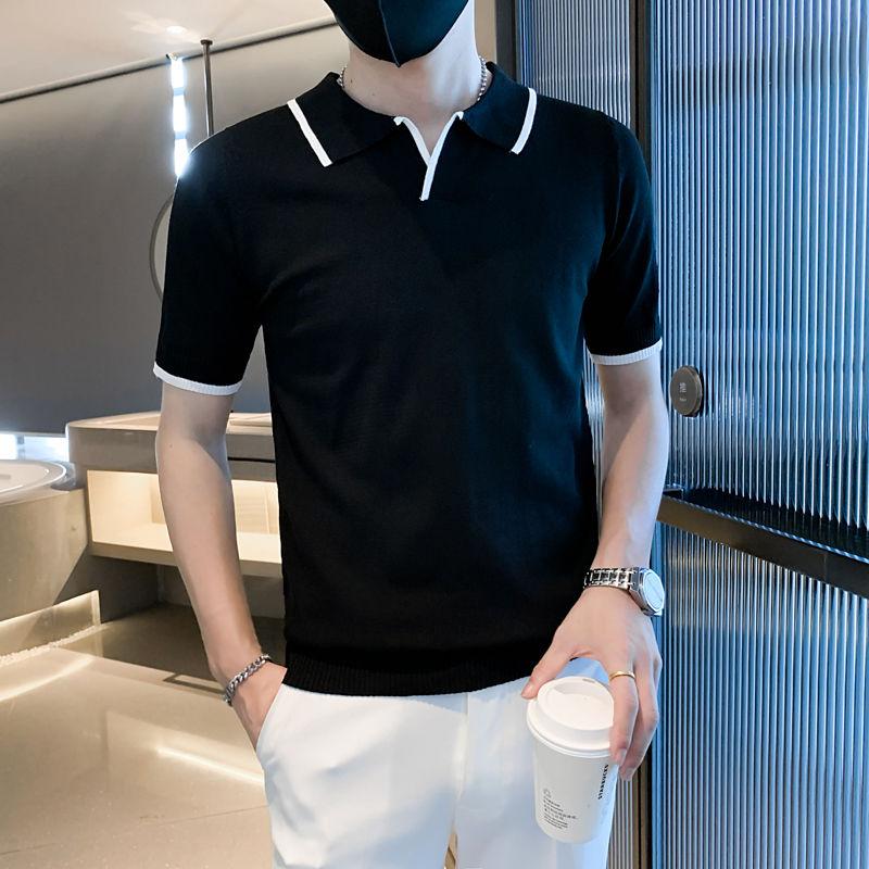 2024 Summer Fashion Knitted Non Ironing Polo Shirt Short Sleeved Luxury Business Combination Color Contrast Versatile T-shirt