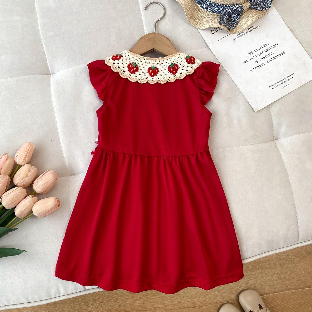 Red Strawberry Princess Dress with Flutter Sleeves for European and American Girls