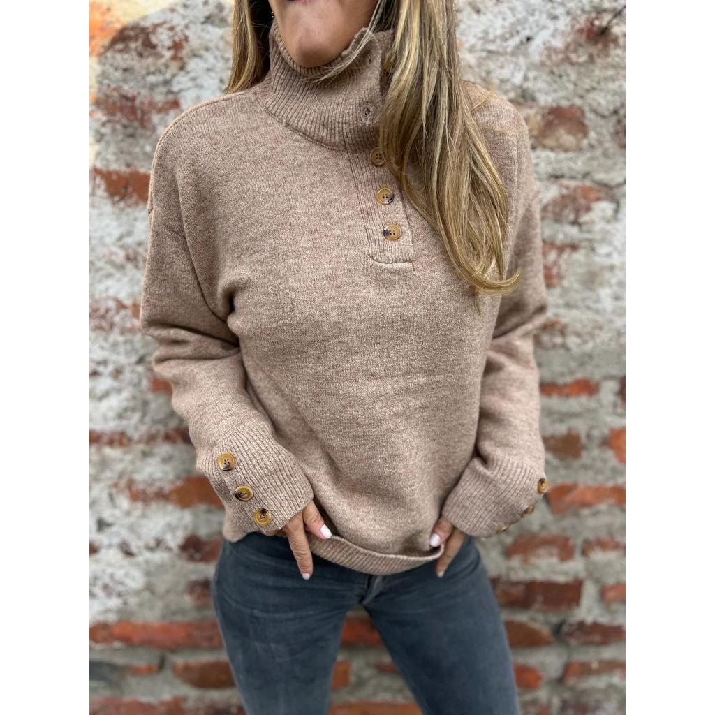 2025 Autumn Winter Women's Stand Collar Sweater, Button Detail Knit Top with Relaxed Fit, Casual Comfort Wear for Daily Outfits