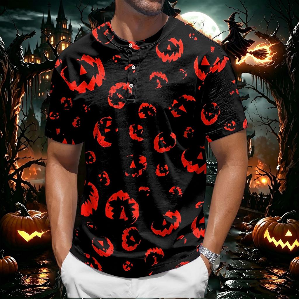 Men's Halloween Print Short Sleeve Henley Shirt Casual Round Neck Button Front Top for Seasonal Festive Wear