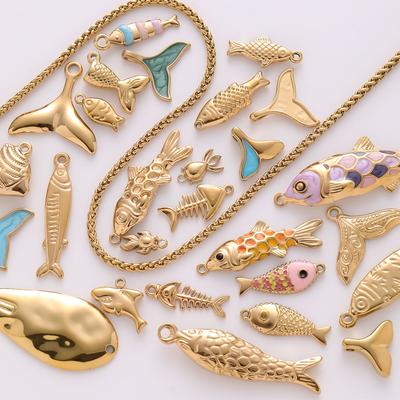 6pcs Real Gold Plated Enamel Fish Charm For Jewelry Making Supplies Fishbone Pendant Stainless Steel Charm DIY Handmade Material