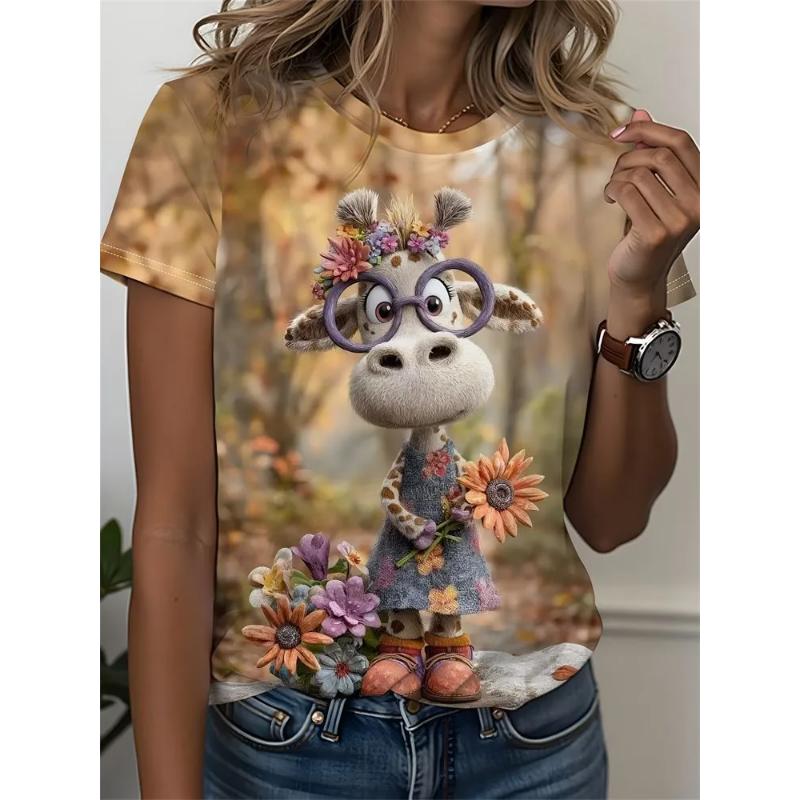 Fashion Women's Crew Neck Short Sleeve 3D Casual Color Printing Casual Short Sleeve Crew Neck T-Shirt