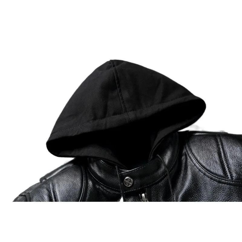 Veste de moto lourde de taille chinoise, manteau de motard de club, veste en cuir de vache véritable, vêtements d'équitation à capuche amovible pour hommes, veste en cuir pour hommes
