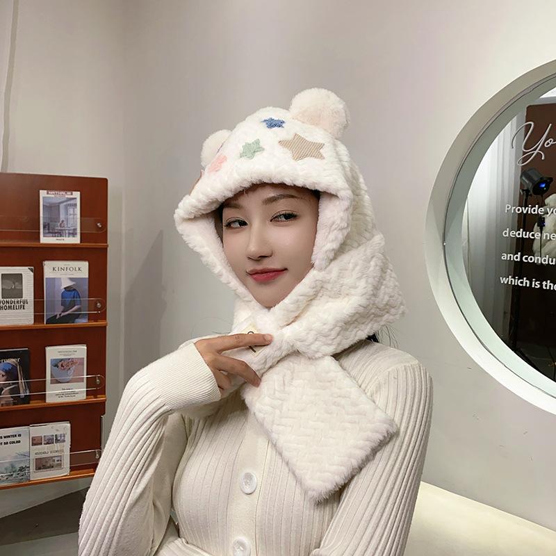 Cute bear star child scarf integrated autumn and winter warm and cold cycling plush hat woman