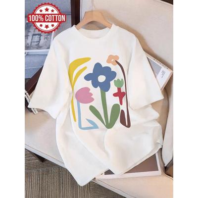 Top Casual Estivo da Donna, Stile Semplice Stampa Floreale Manica Corta Girocollo T-shirt Pura, LangK