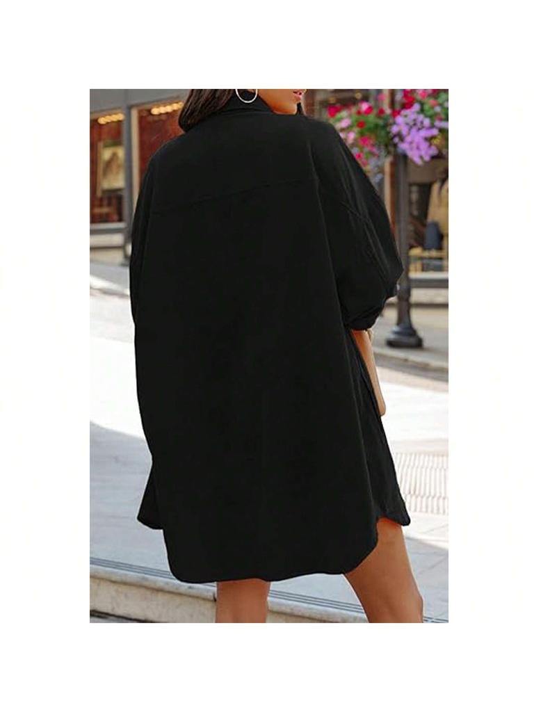 Women's Oversized Button Down Blouse Long Sleeve Stand Collar Loose Casual Top with Pockets