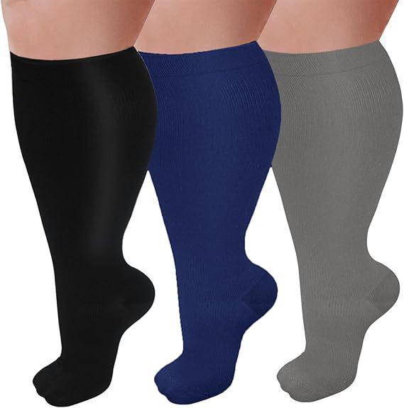 Three-Pair Pack Plus Size Knee-High Compression Socks for Wide Calf - Extra Large Support & Circulation Pressure Socks