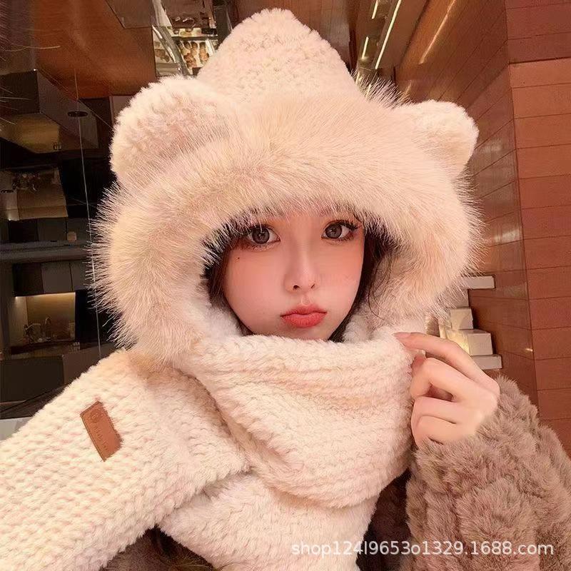 

Плюшевая шапка-шарф с мишкой, женский зимний милый осенне-зимний комплект из трех предметов, зимний теплый новый one size fits all