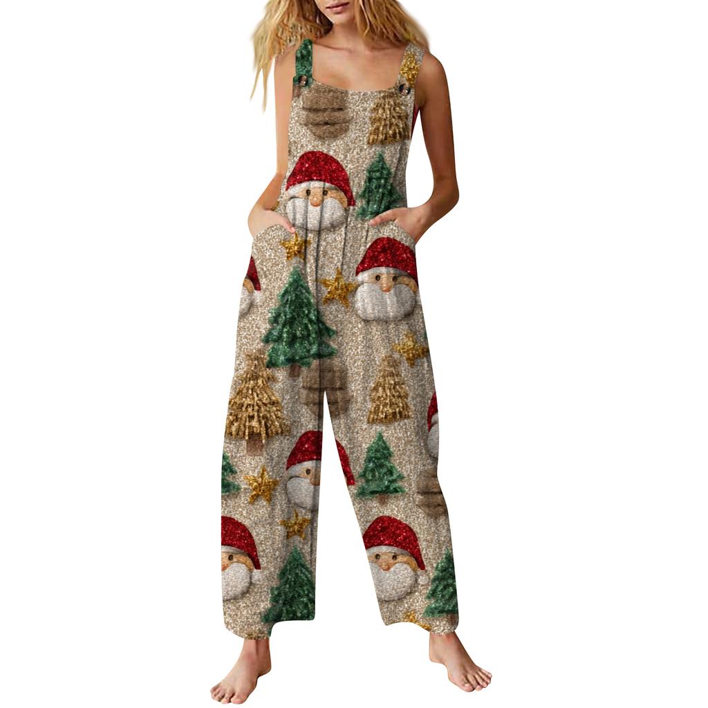 Women's Casual Jumpsuit Sleeveless Christmas Printed Cotton Jumpsuit