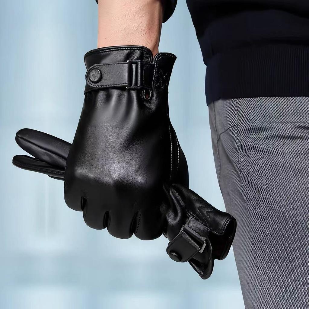 Men'S Leather Gloves Winter Warm Fleece Touch Screen Non-Slip Driving Riding Outdoor Leather Gloves Men'S
