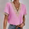 Plus Size Women's V Neck Lacework Loose Top Short Sleeve Casual T-Shirt Woman Blouses & Shirts